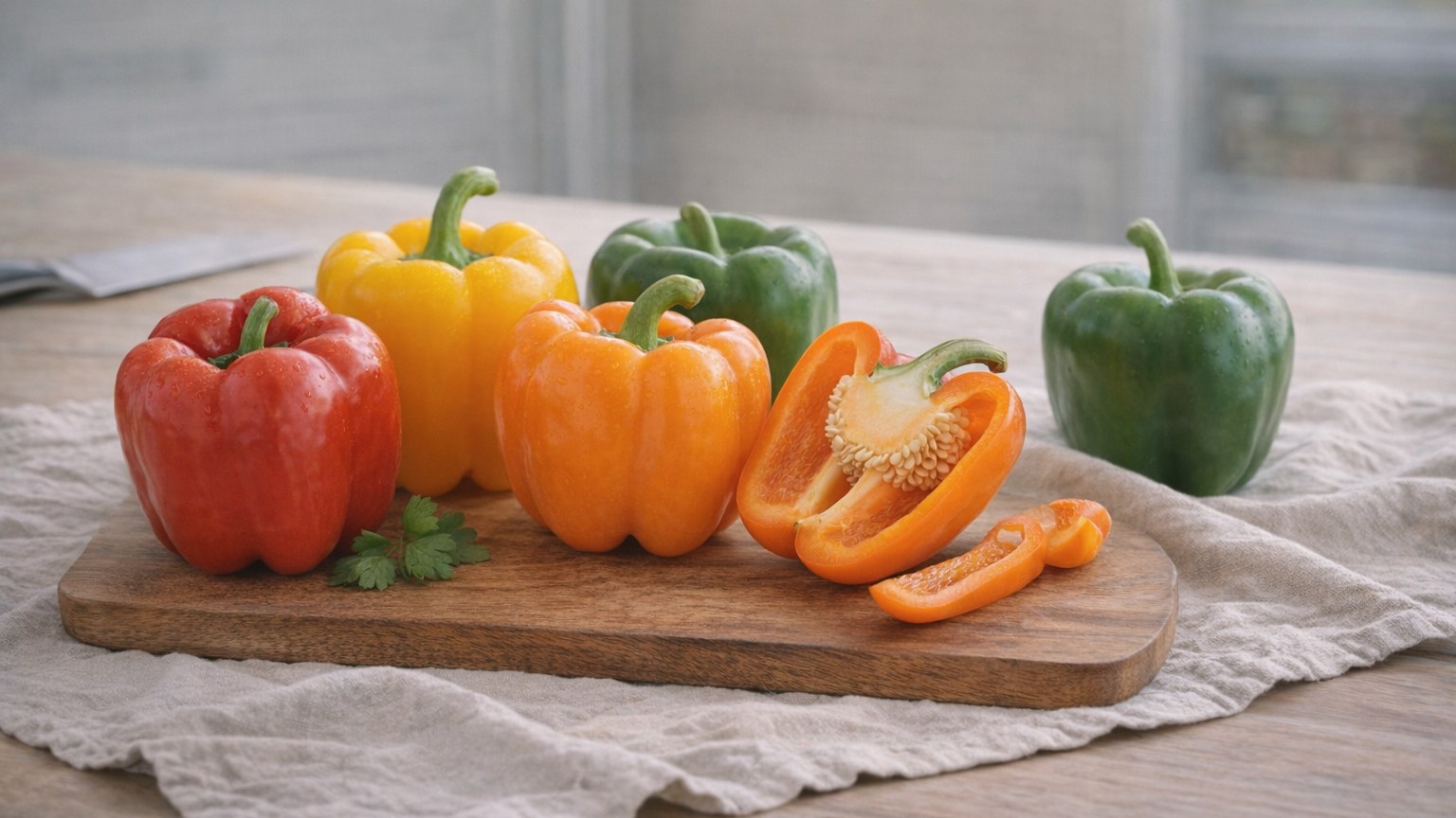 Colorful bell peppers, whole and sliced, arranged on a cutting board.