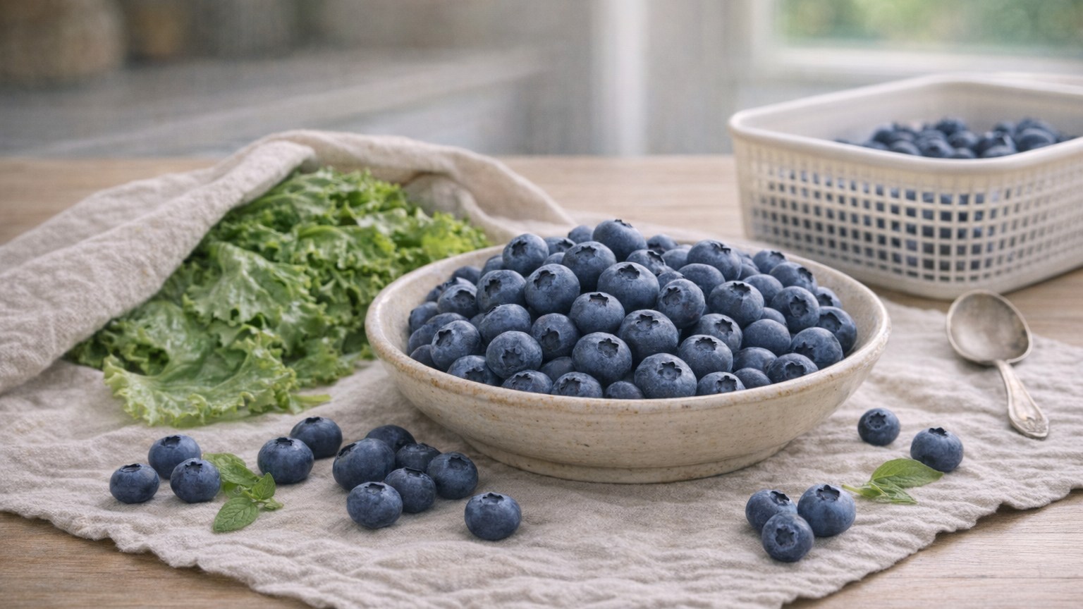 Fresh blueberries in a bowl with loose berries on a linen-covered table.