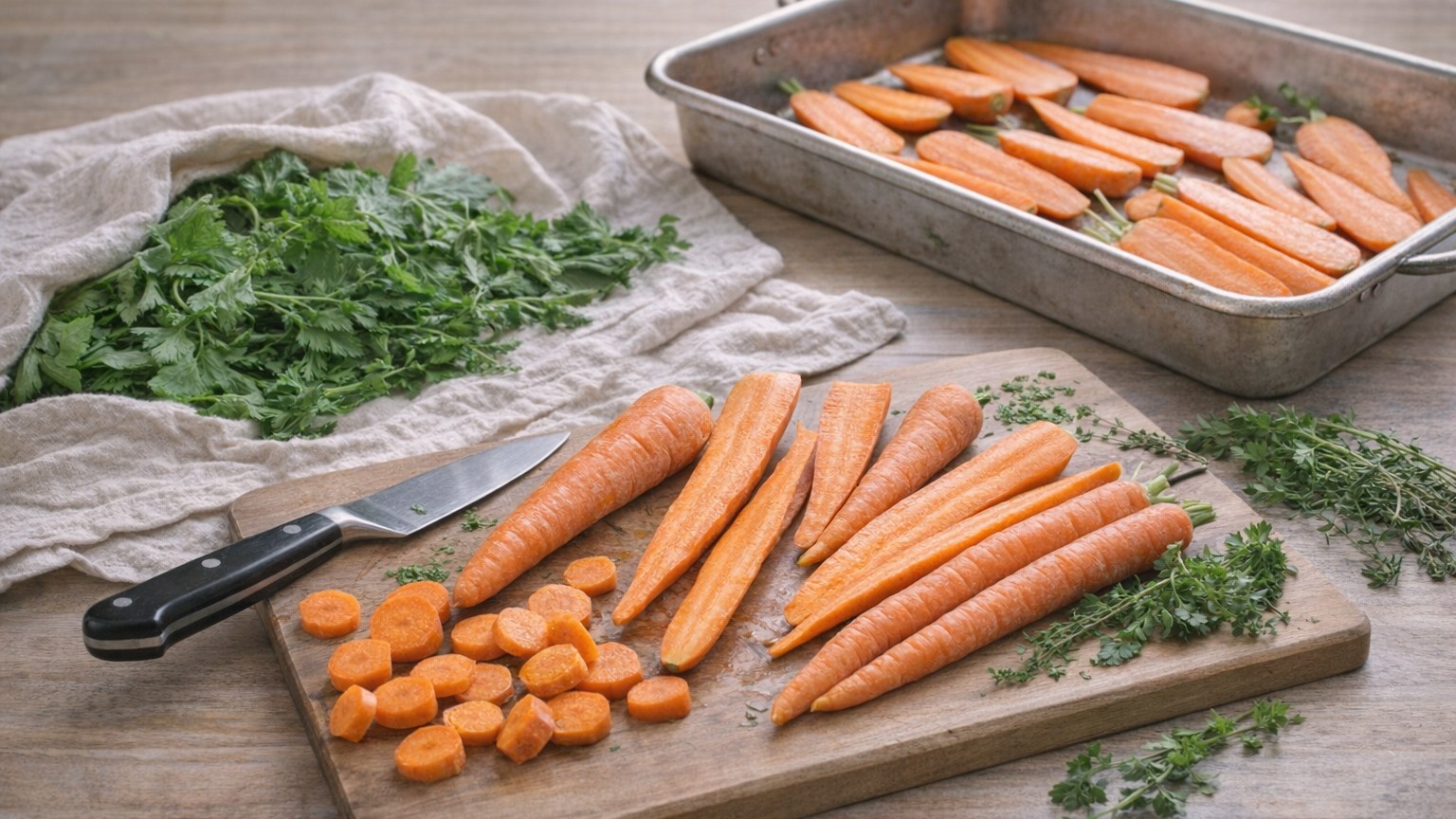 Fresh carrots, whole and sliced, arranged on a cutting board.
