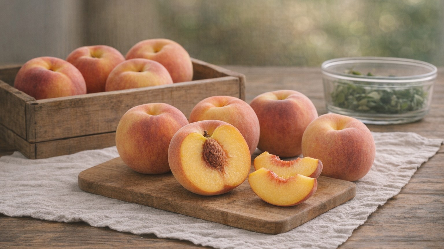 Ripe peaches, whole and sliced, arranged on a rustic kitchen table.