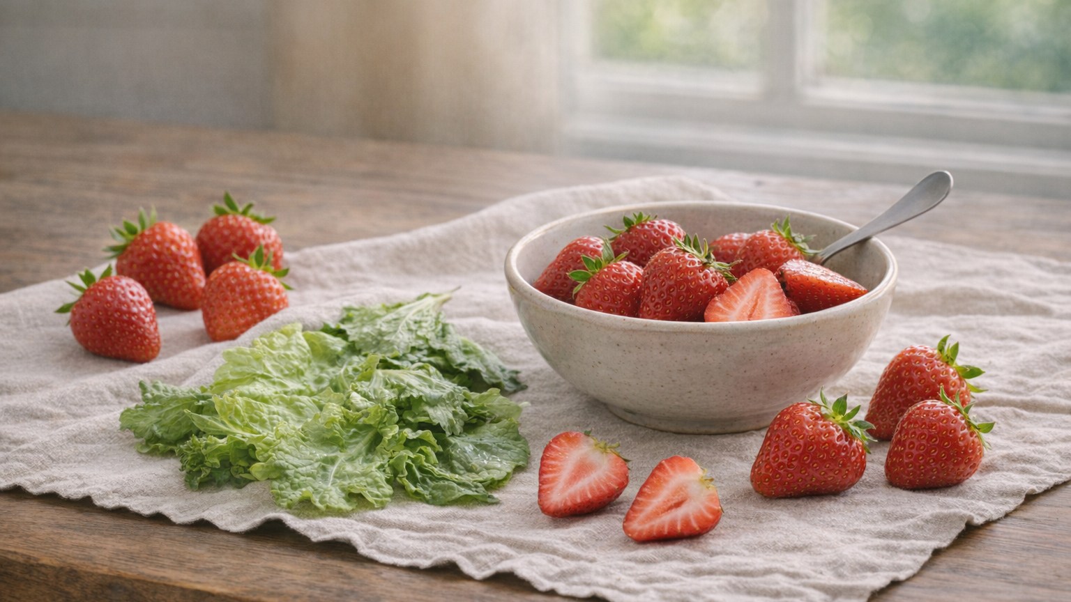Fresh strawberries, whole and sliced, arranged around a small bowl.