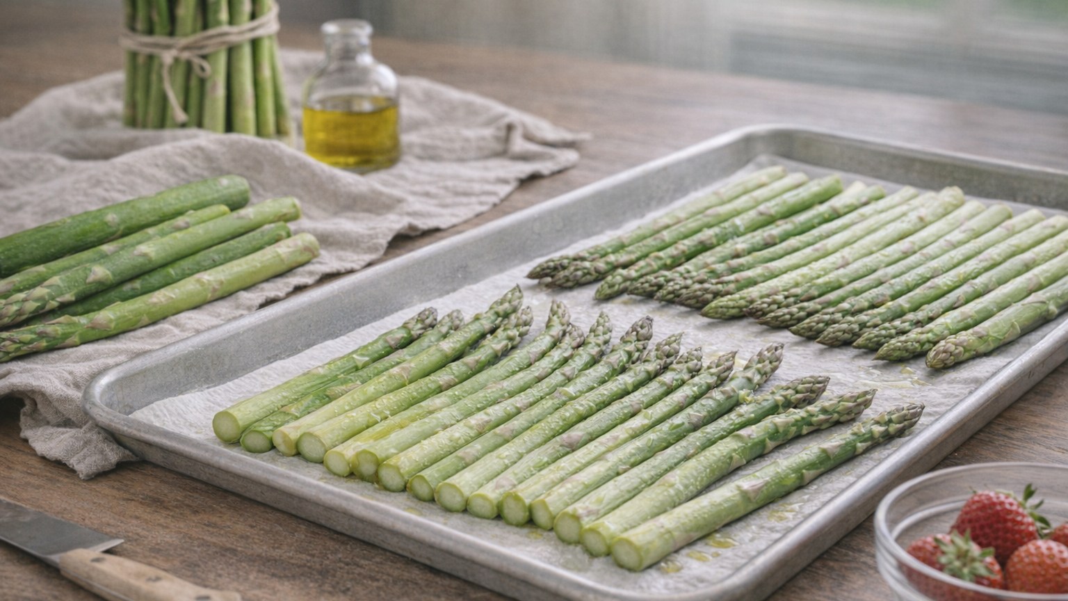 Fresh asparagus spears arranged on a tray for cooking.