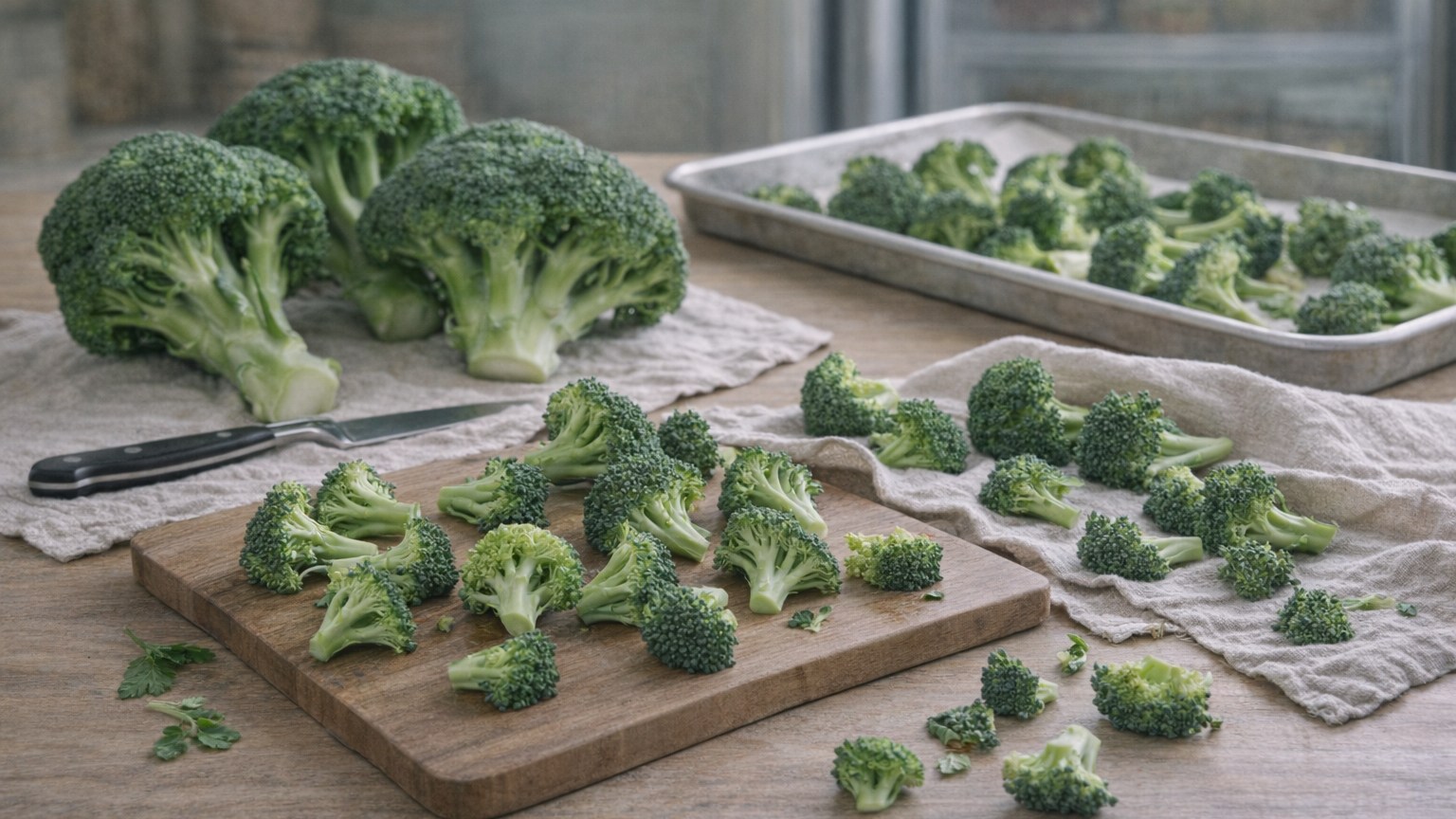 Fresh broccoli crowns and florets arranged on a cutting board.