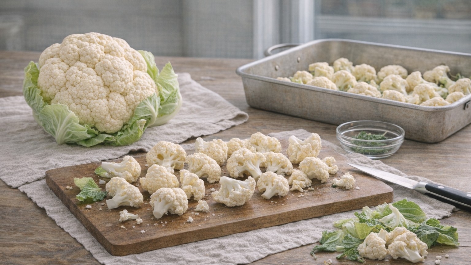 Fresh cauliflower head and florets arranged for cooking.