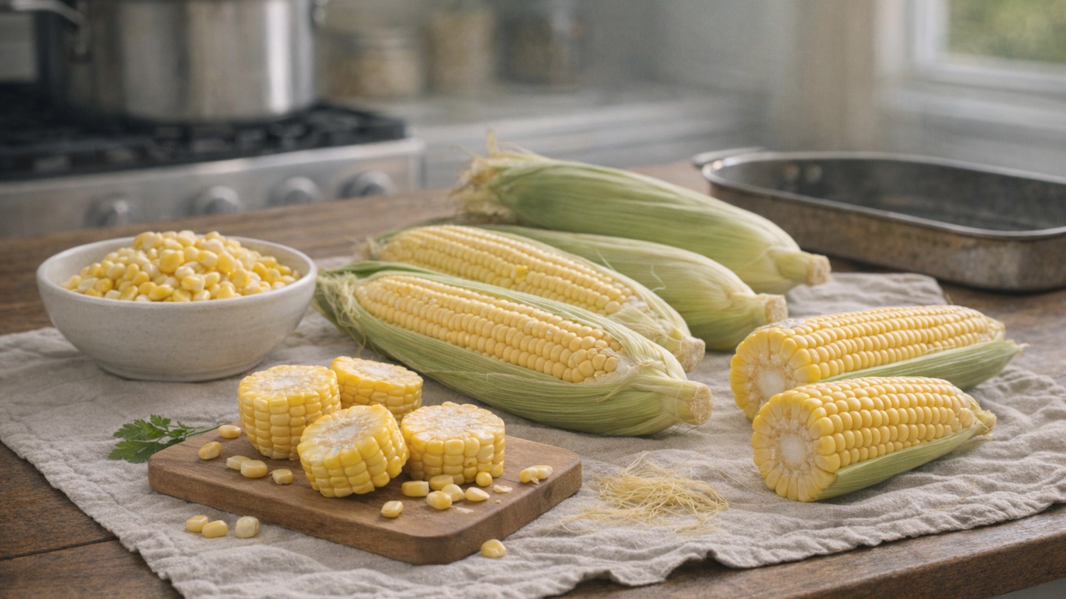 Fresh sweet corn ears and cut kernels arranged on a kitchen table.