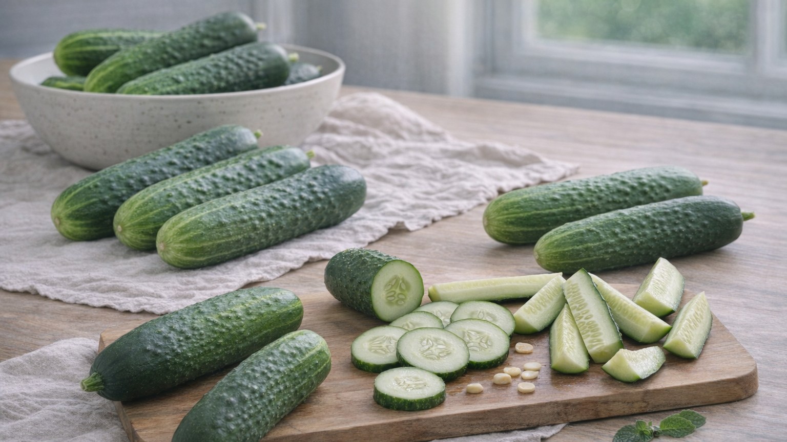 Fresh cucumbers, whole and sliced, arranged on a cutting board.
