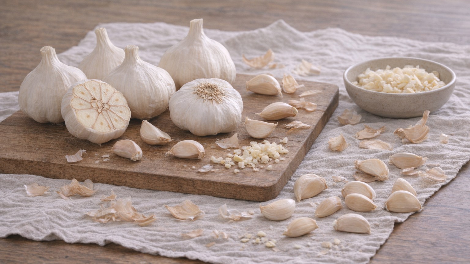 Whole garlic bulbs, loose cloves, and peeled cloves arranged on a cutting board.