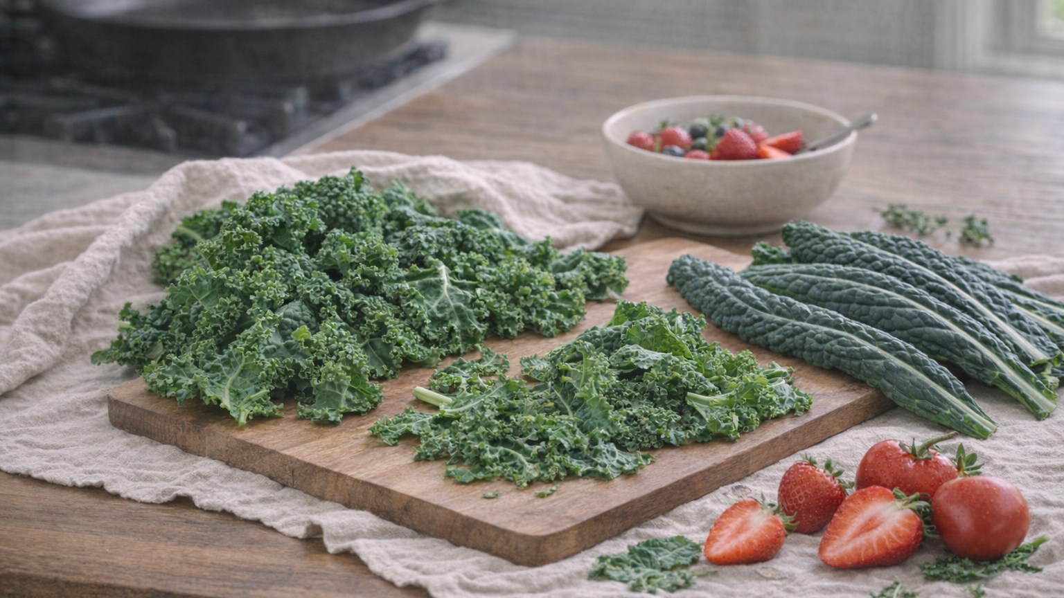 Fresh kale leaves and torn greens arranged on a kitchen prep table.
