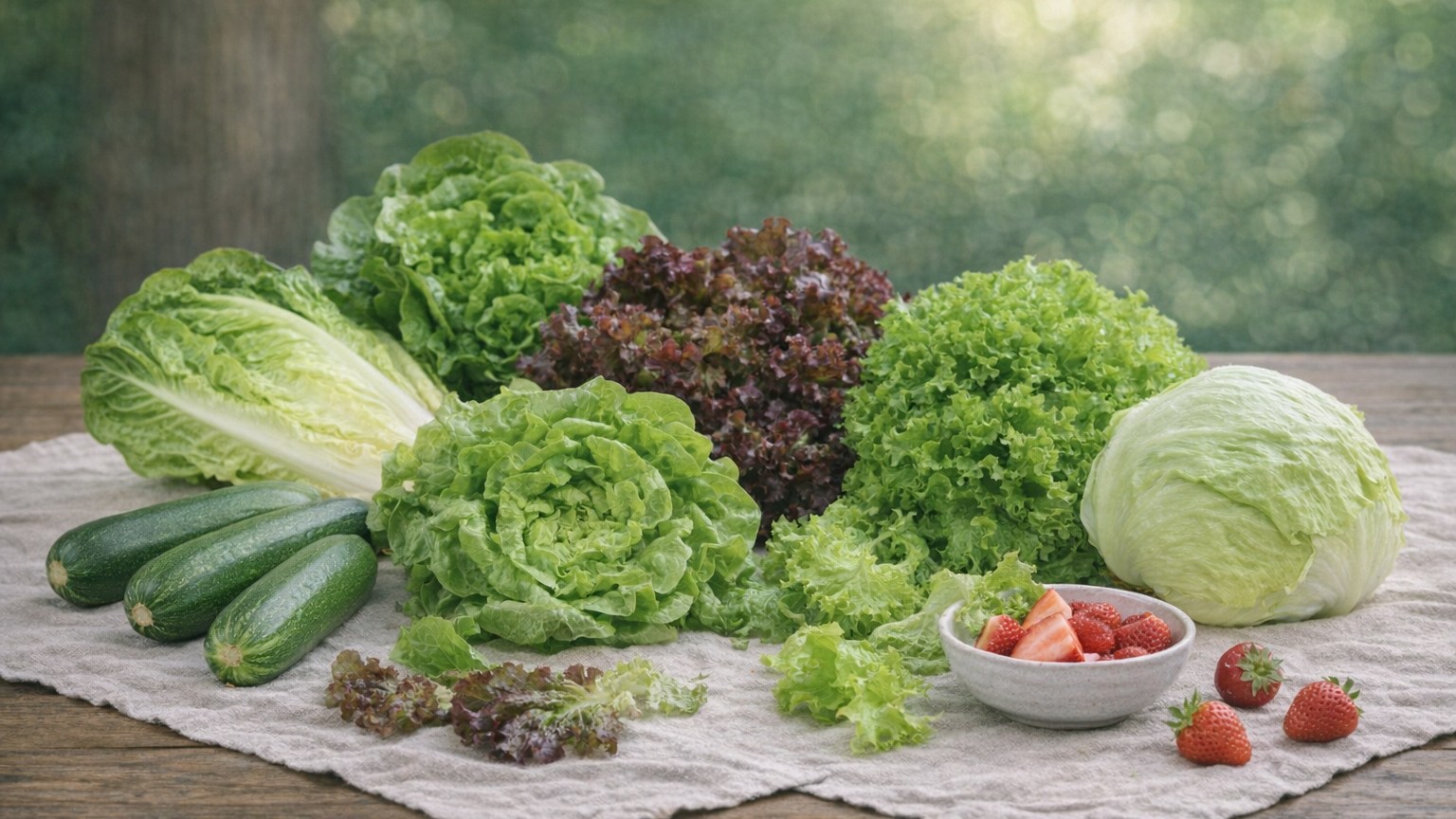 A mix of lettuce heads and loose leaves arranged on a market table.
