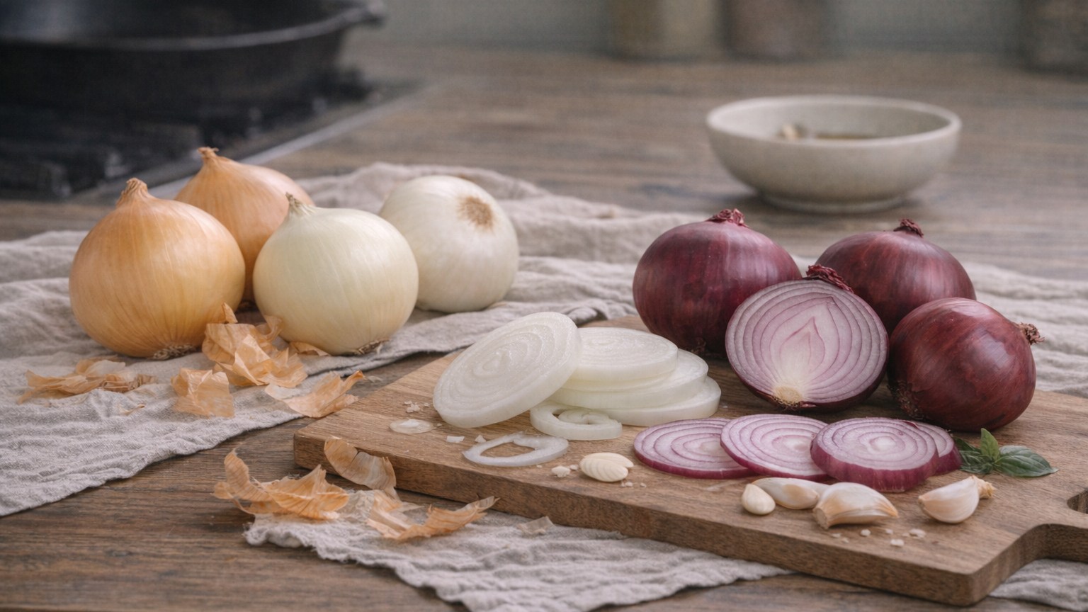 Yellow, red, and sweet onions with sliced onion rings on a cutting board.
