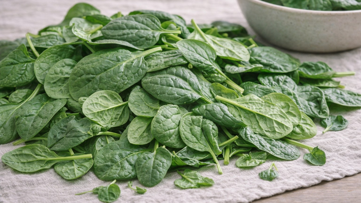 A pile of fresh spinach leaves beside a ceramic bowl on linen.