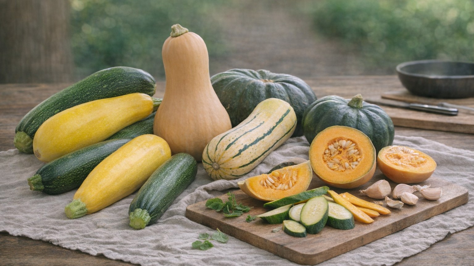 Mixed summer and winter squash arranged on a farm table.