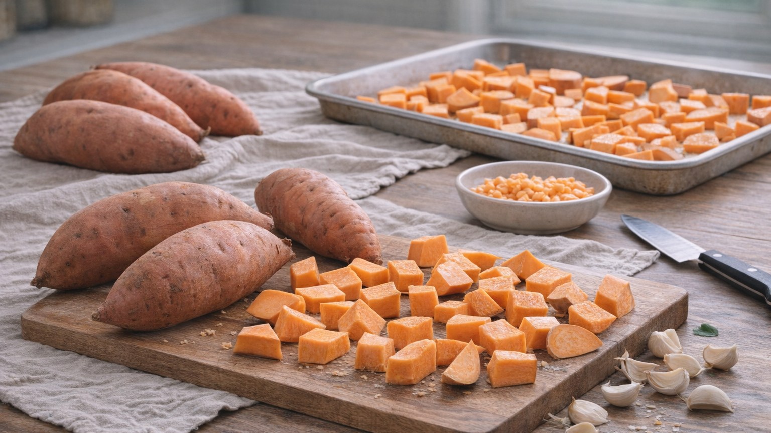 Sweet potatoes, whole and cubed, arranged on a prep table.