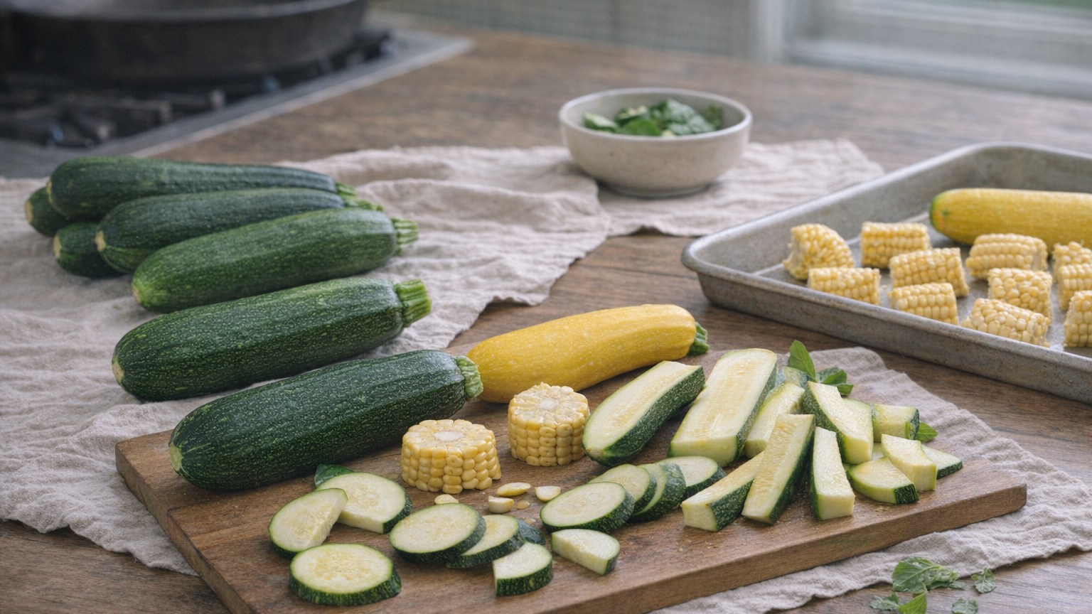 Fresh zucchini, whole and sliced, arranged with yellow summer squash.
