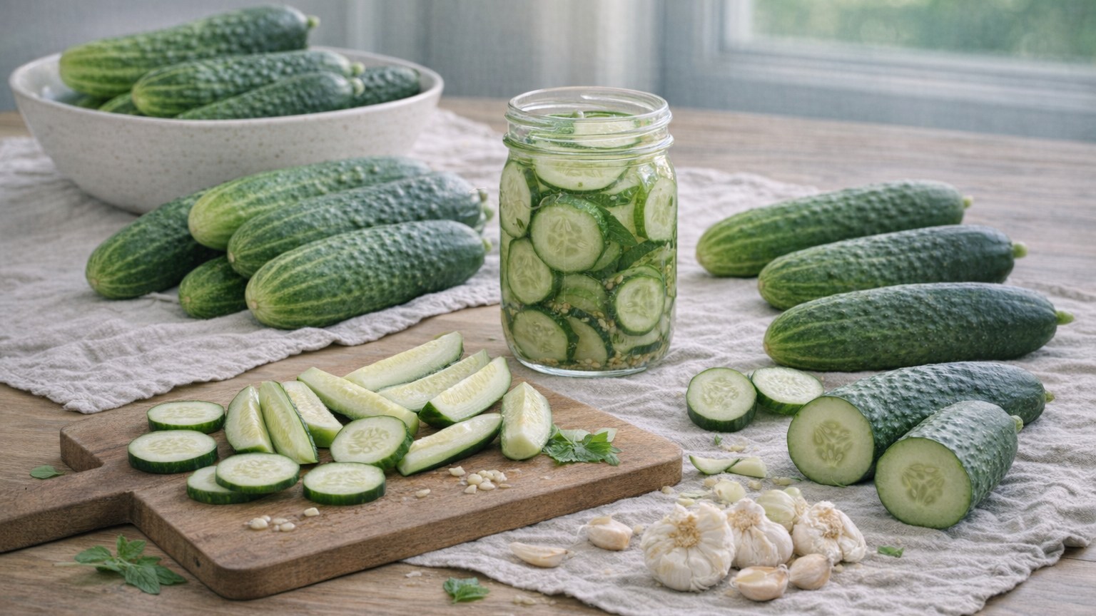 Abundant cucumbers, whole and sliced, arranged with a jar of quick pickles.