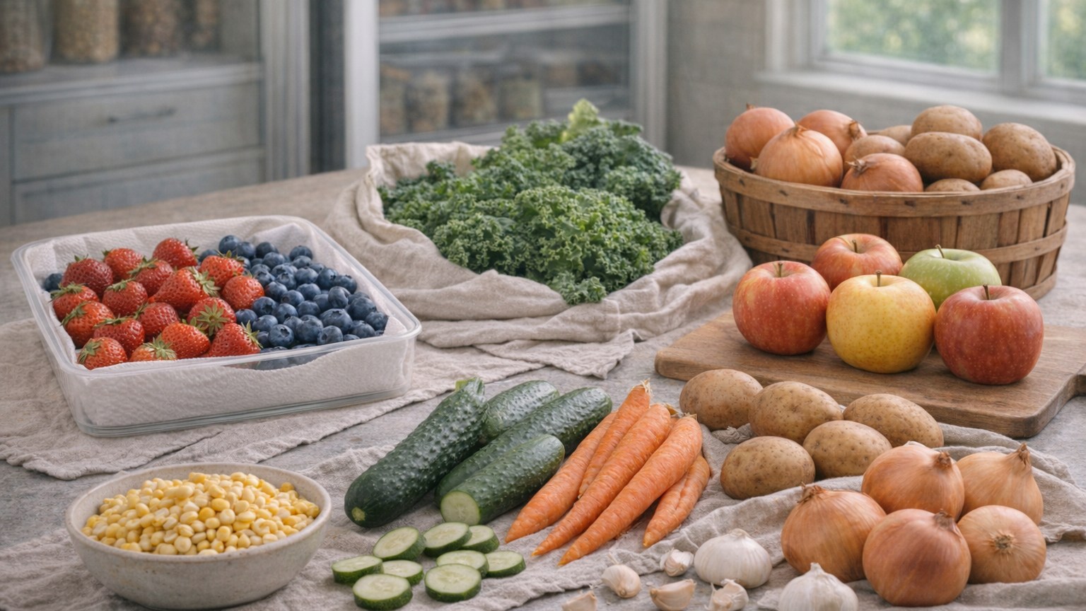 Mixed farm-fresh produce sorted into storage groups on a kitchen counter.