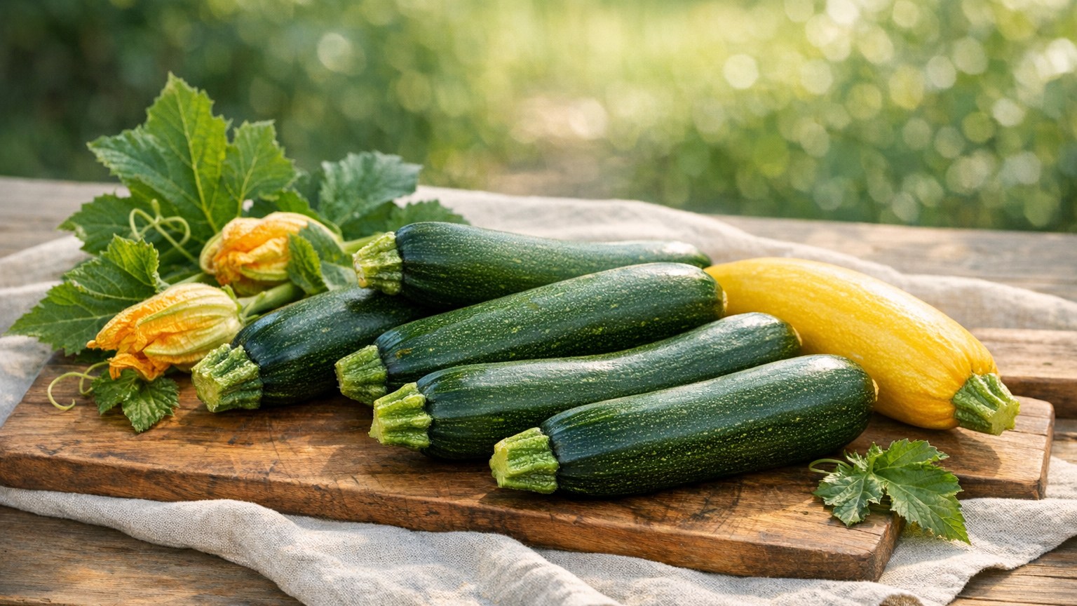 A deep-green zucchini with subtle striations and a stem end.
