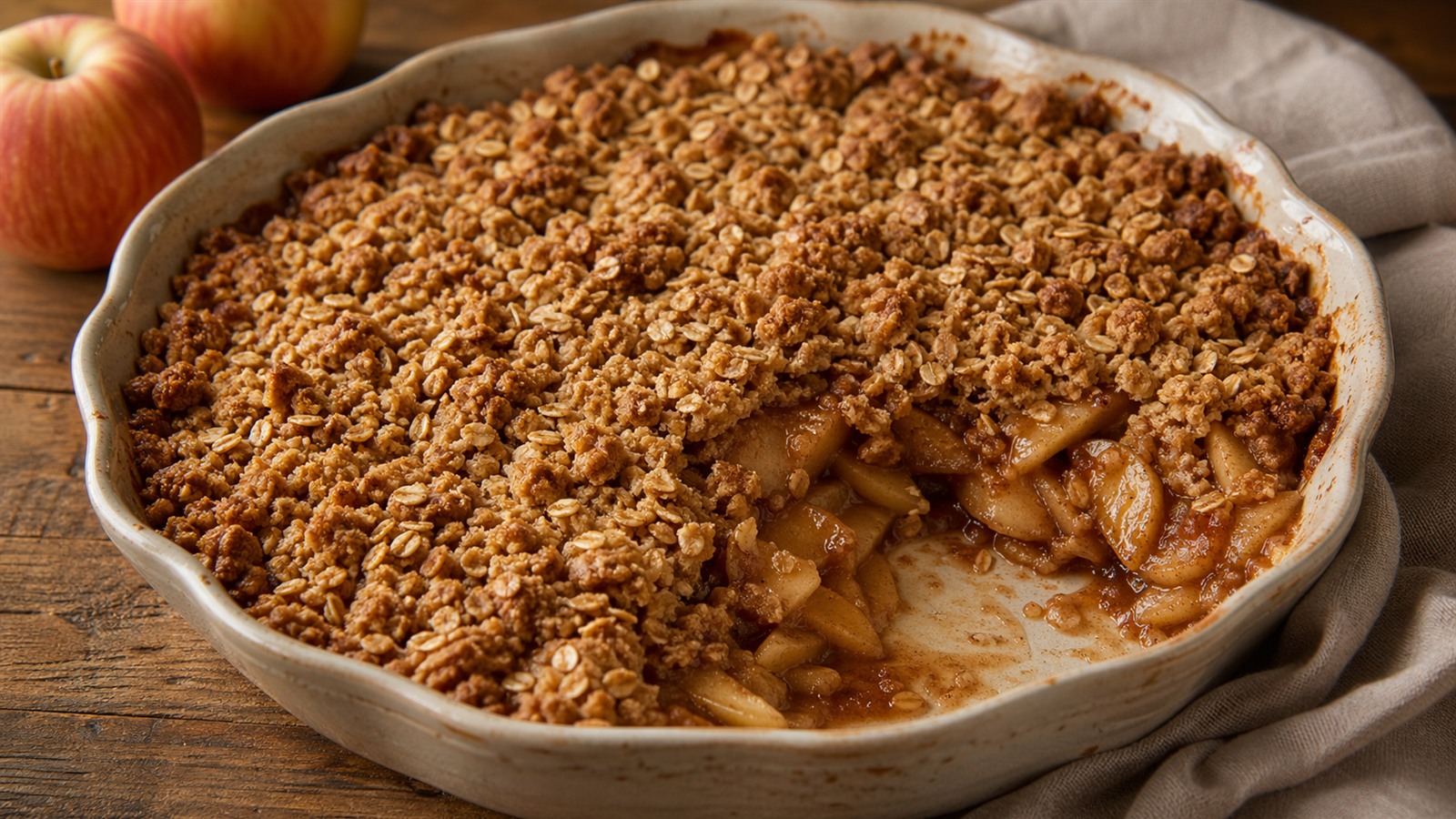 A ceramic baking dish of apple crisp with a golden oat crumble and a spooned-out corner showing soft cinnamon apples.