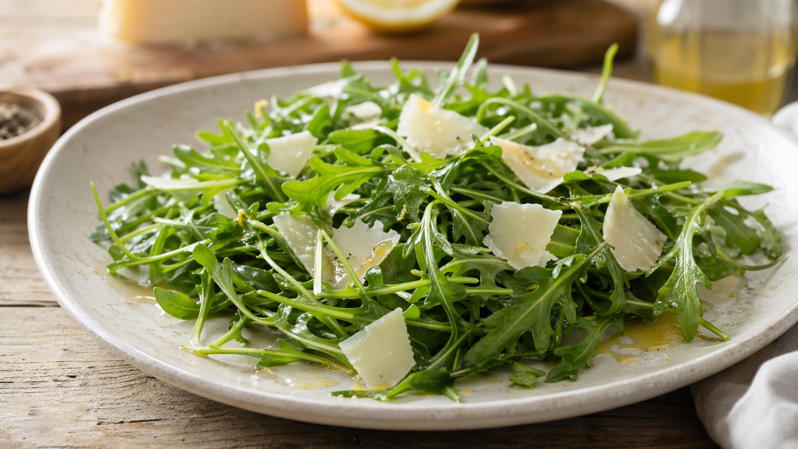 A plate of bright green arugula leaves topped with curls of shaved Parmesan and a light lemon dressing.