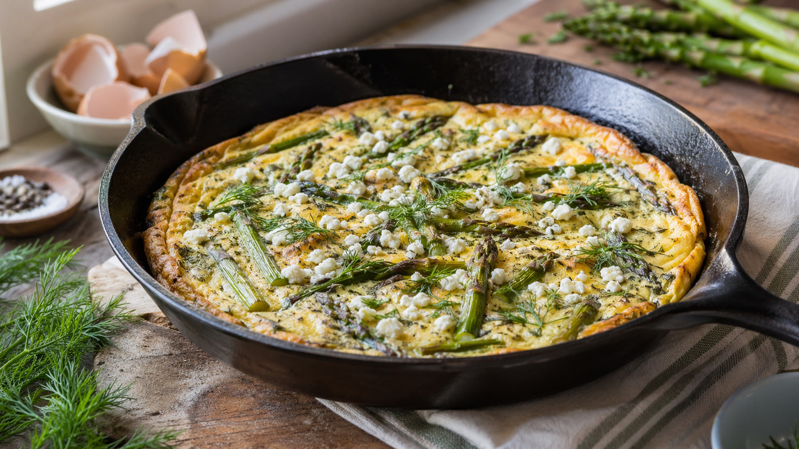 A golden frittata in a cast iron skillet topped with asparagus spears, crumbled feta, and fresh dill.