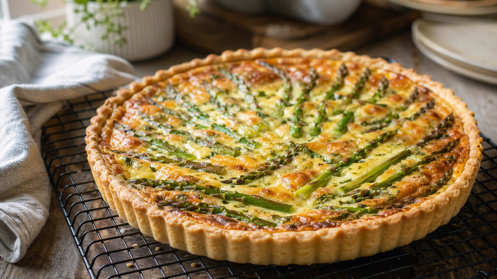 A golden-topped quiche with arranged asparagus spears sitting on a wire rack, showing a flaky butter crust.