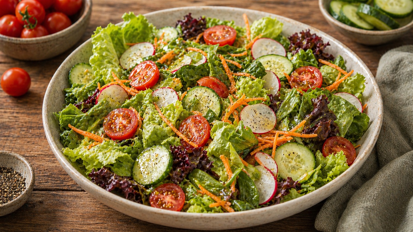 A large bowl of garden salad with leafy greens, cucumber, tomatoes, shredded carrot, and radish in a light vinaigrette.