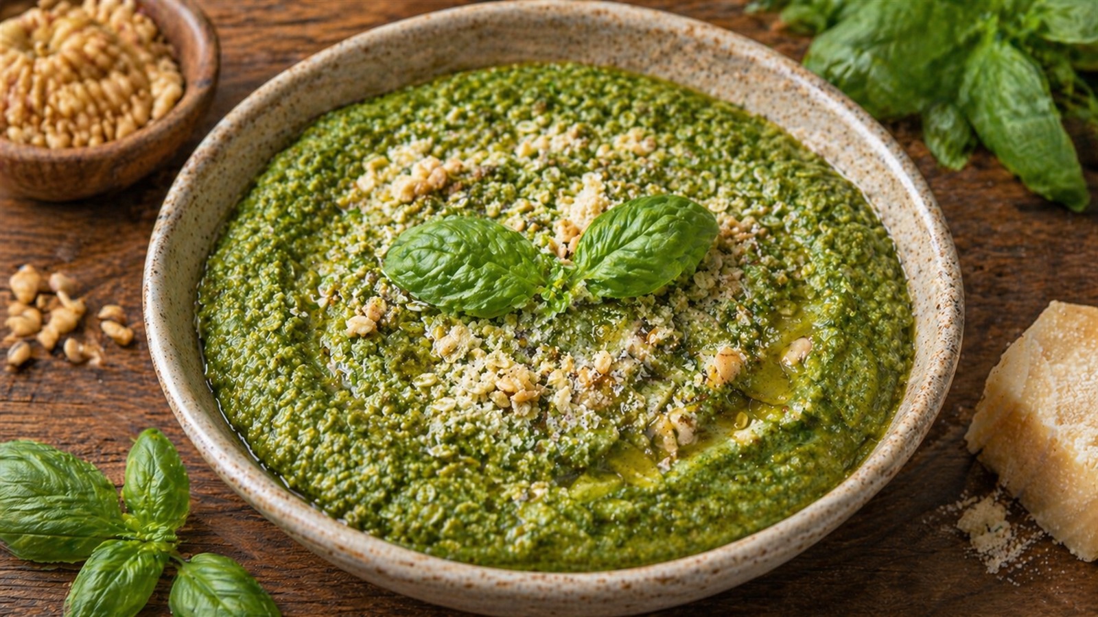 A shallow bowl of bright green basil pesto topped with basil leaves, Parmesan, and pine nuts.