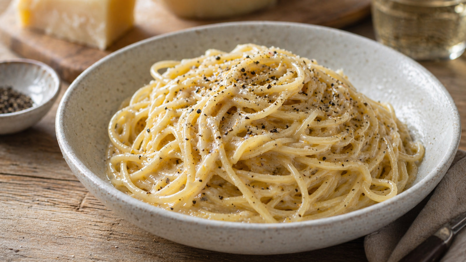 A bowl of spaghetti coated in a glossy cream-colored cacio e pepe sauce with visible cracked black pepper.