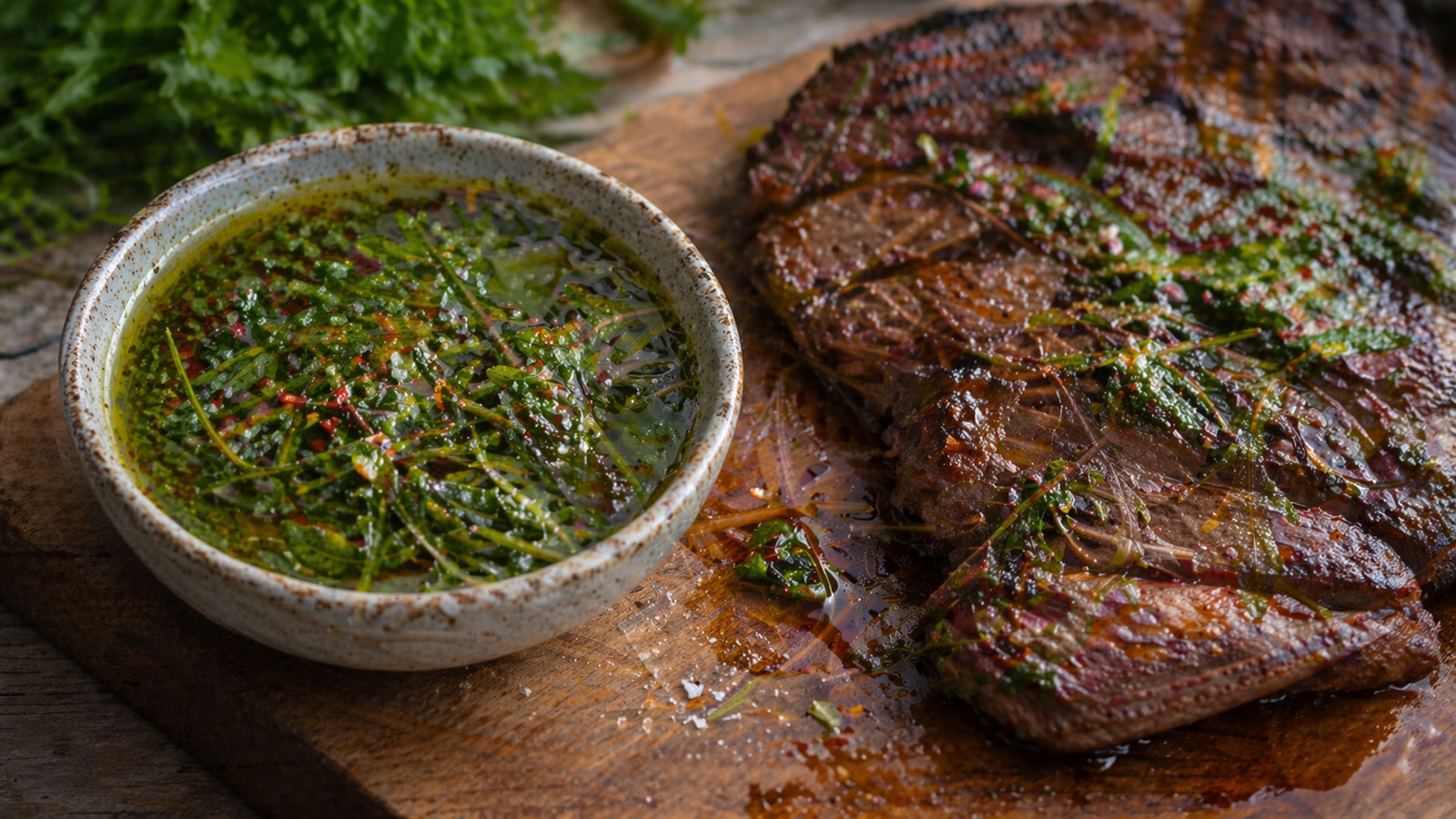 A small bowl of chimichurri sauce with finely chopped parsley, red pepper flakes, and oil, next to a grilled steak.