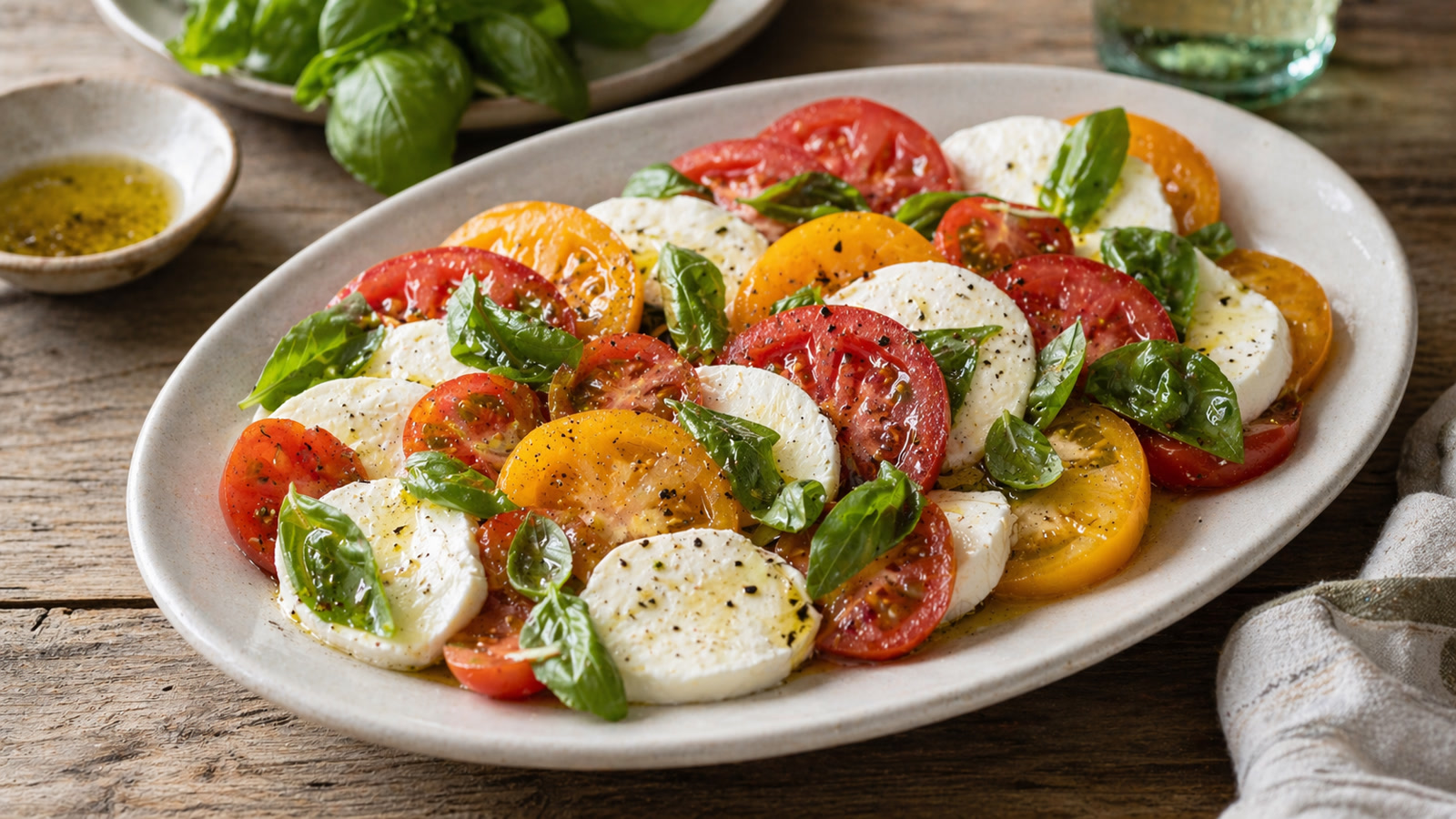 A platter of sliced red and yellow heirloom tomatoes with fresh mozzarella, torn basil leaves, and a drizzle of olive oil.