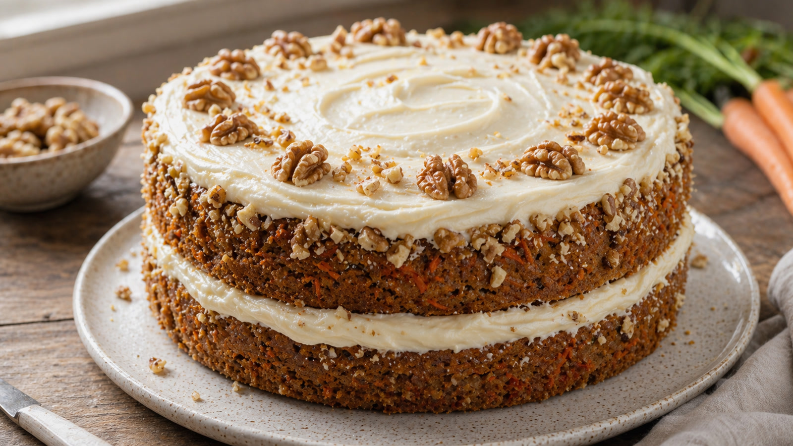A two-layer carrot cake with cream cheese frosting, chopped walnuts pressed into the sides, and whole walnuts on top.
