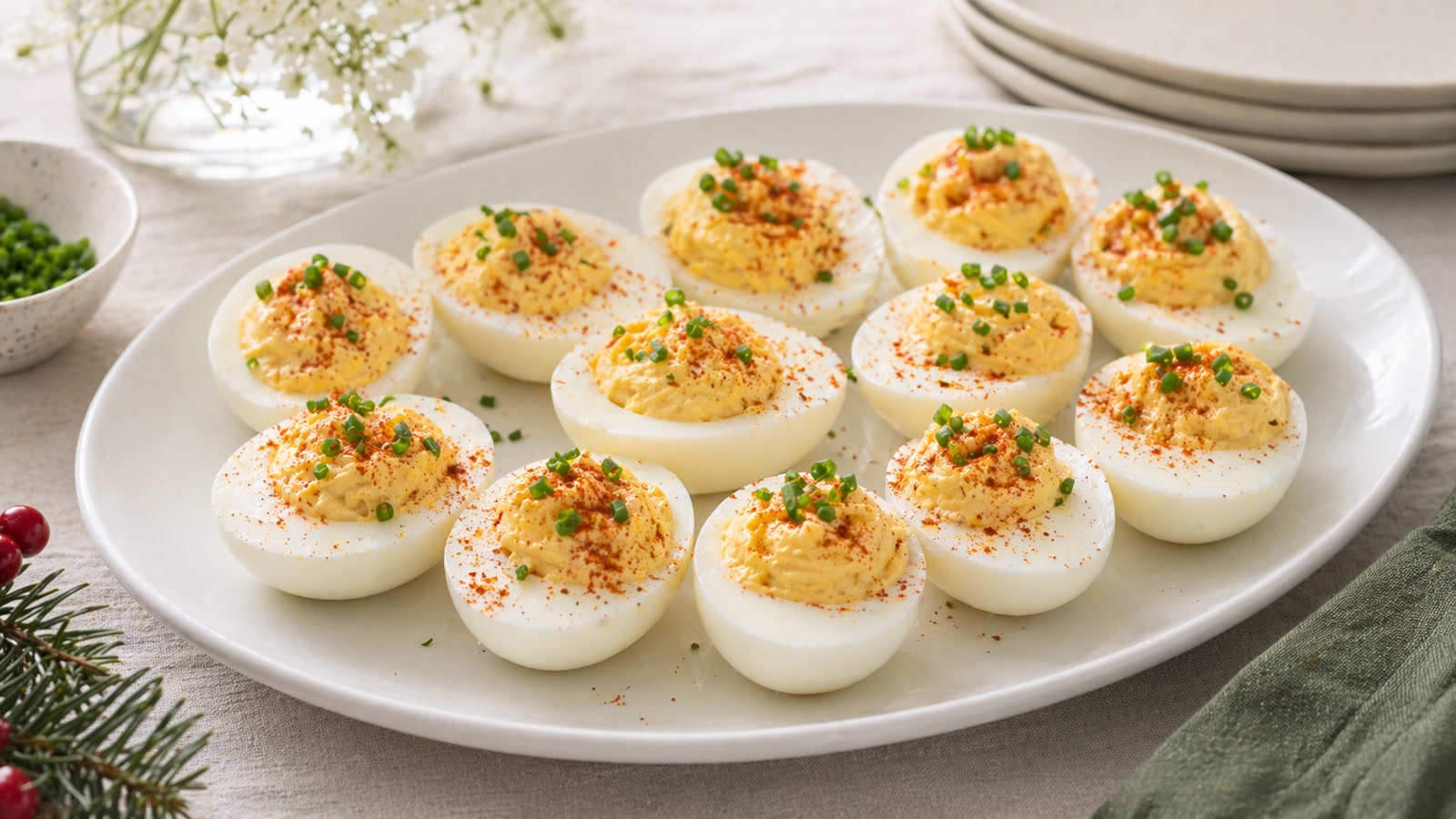 A white platter of classic deviled eggs topped with paprika and fresh chives.