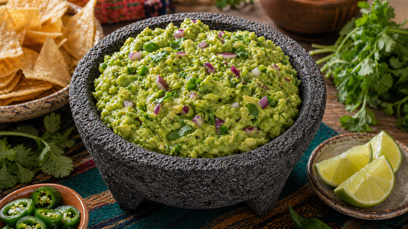 A molcajete of chunky guacamole with visible red onion, jalapeño, cilantro, and lime wedges on the side.