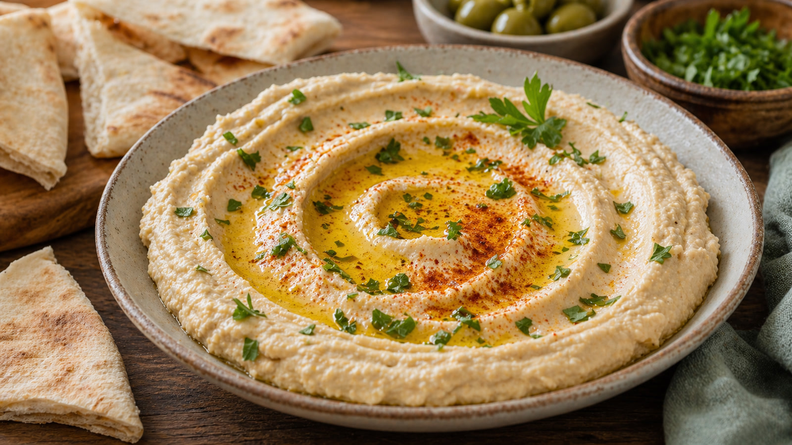 A shallow bowl of creamy beige hummus topped with a pool of olive oil, a dusting of paprika, and fresh parsley.