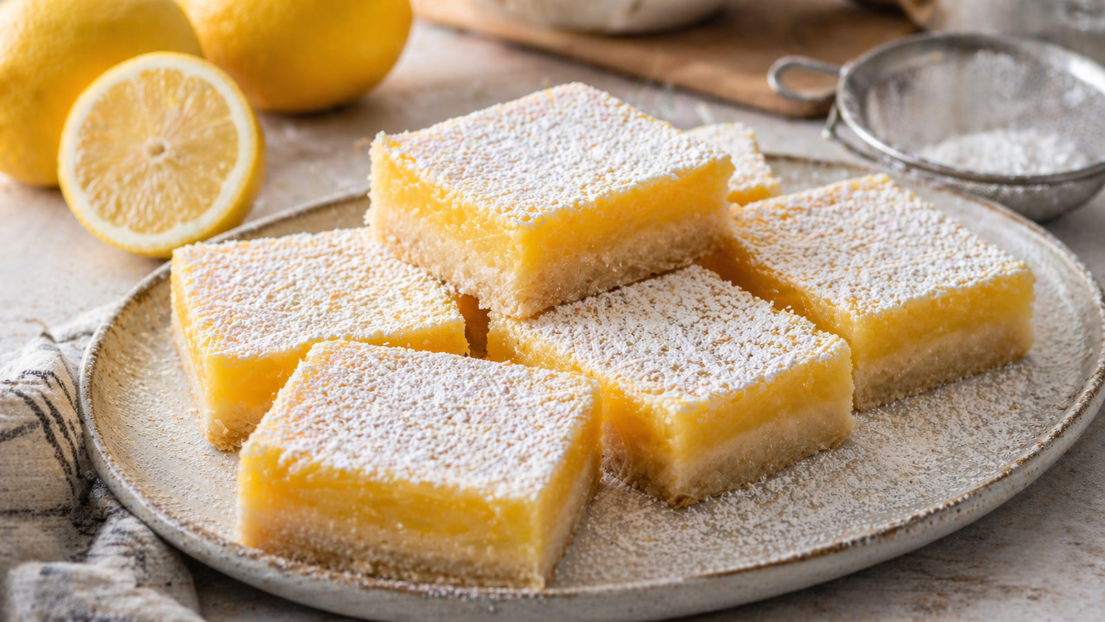 Squares of lemon bars with a golden shortbread base and bright yellow filling dusted with powdered sugar.