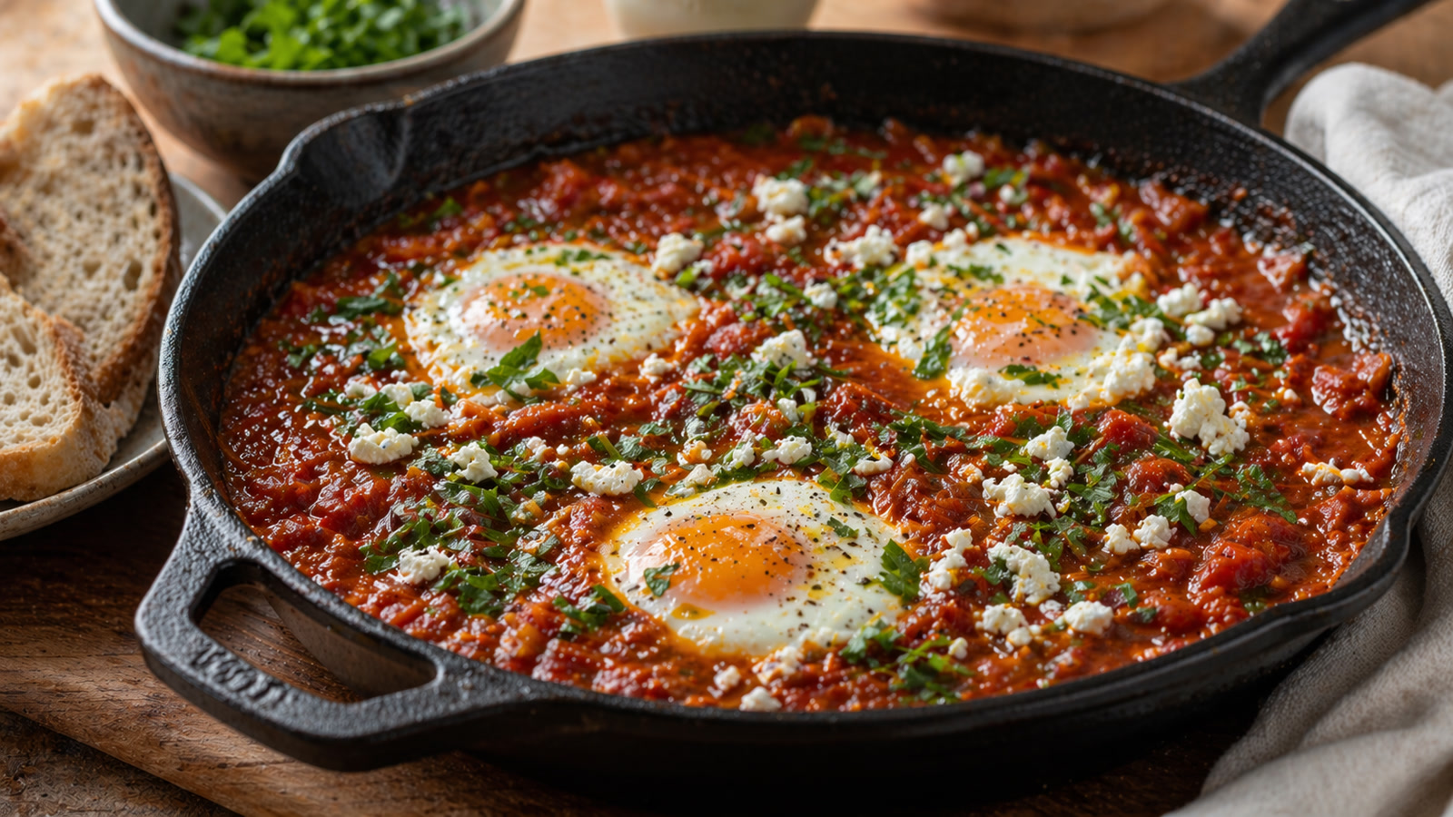 A cast iron skillet of deep red tomato sauce with poached eggs, crumbled feta, and fresh parsley.
