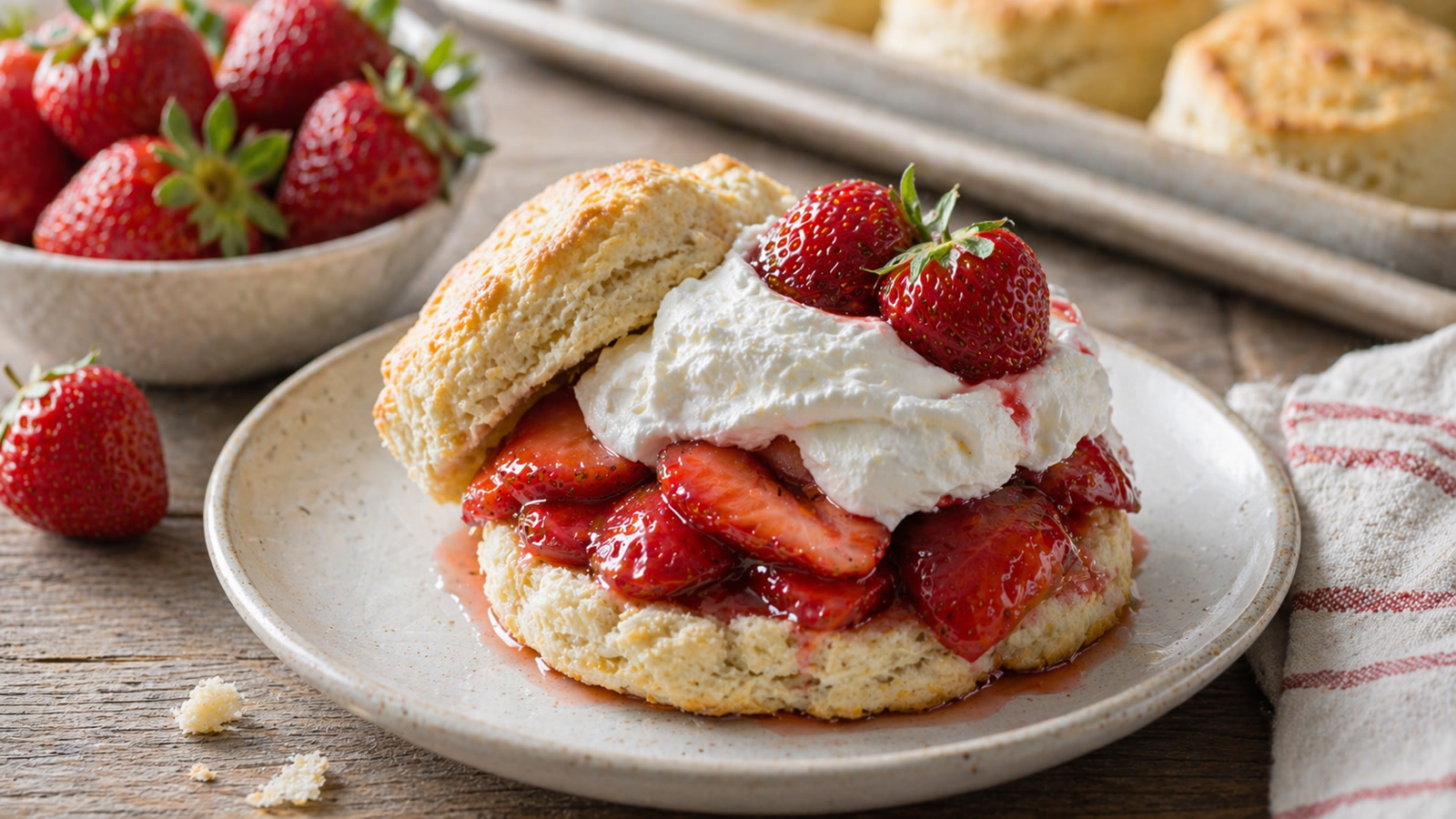 A split buttermilk biscuit piled with juicy sliced strawberries and fresh whipped cream with whole berries on top.