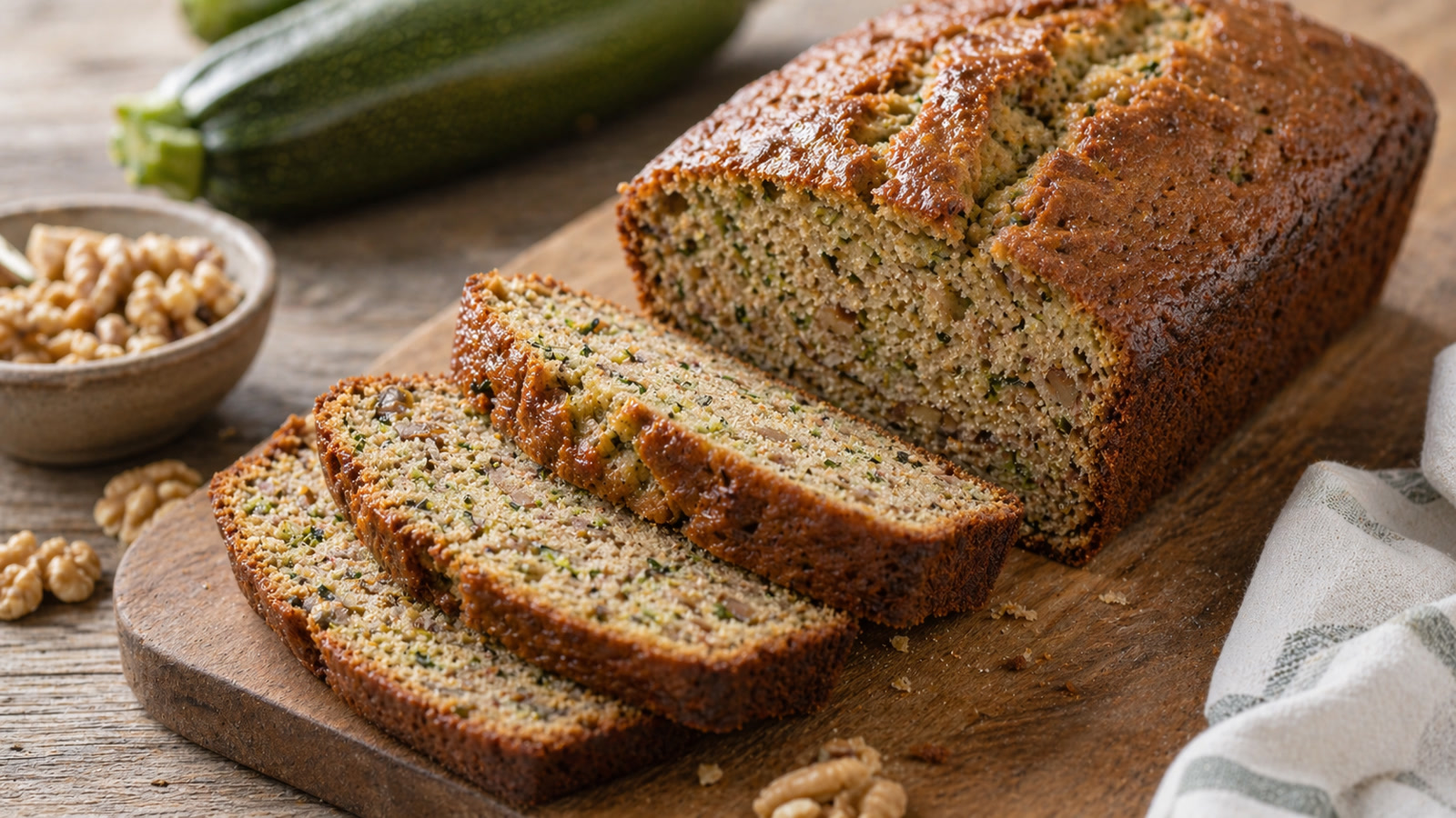 A sliced loaf of zucchini bread showing the moist interior with flecks of green zucchini and chopped walnuts.