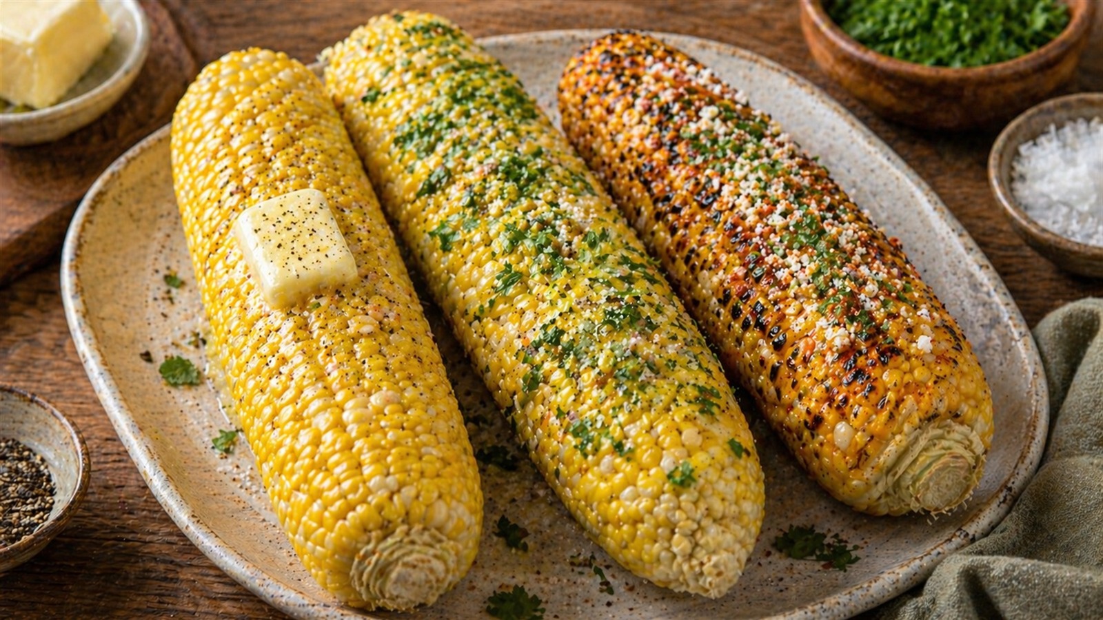 A platter of corn on the cob prepared three ways, including buttered ears with herbs and lightly grilled corn.