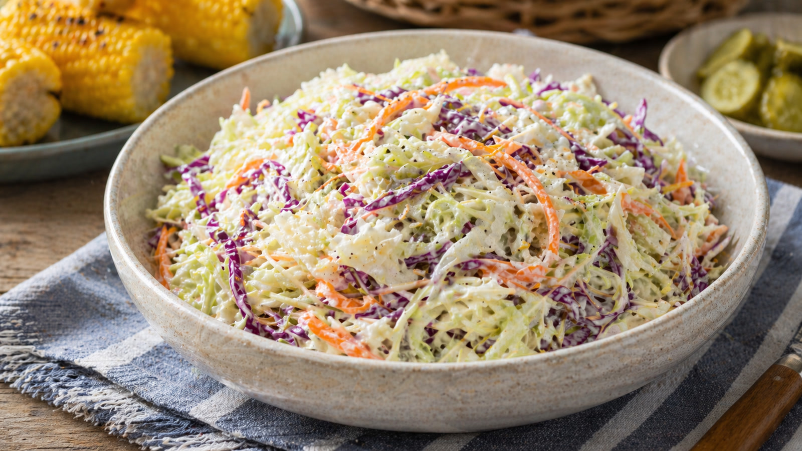 A bowl of creamy coleslaw with shredded green and purple cabbage, shredded carrots, and a glossy dressing.