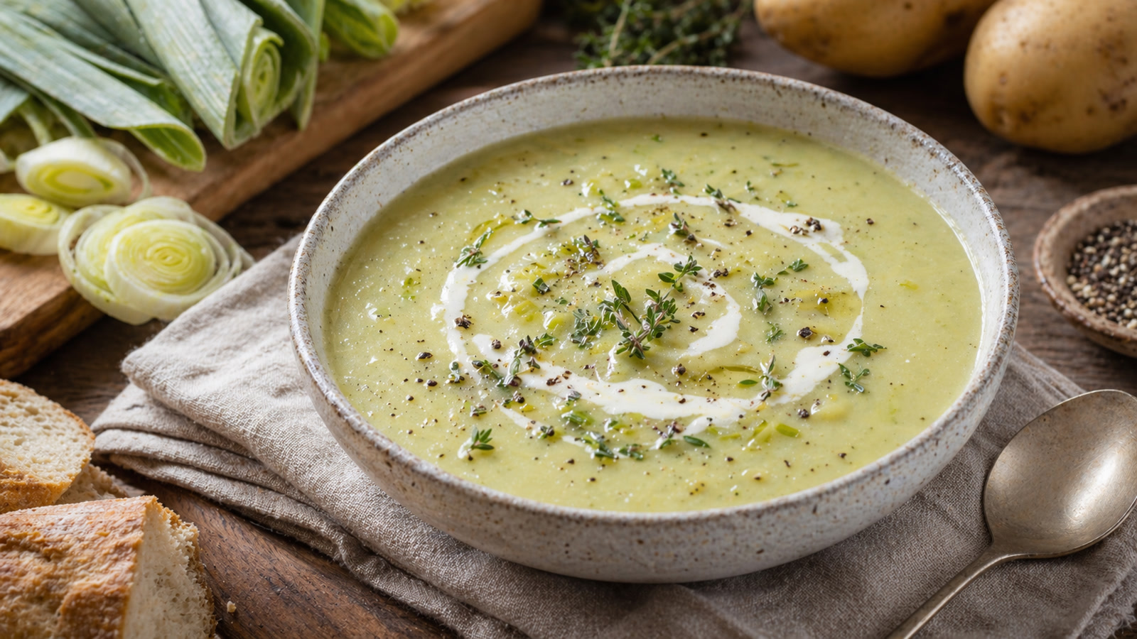 A bowl of creamy pale-green leek and potato soup garnished with fresh thyme, cracked pepper, and a swirl of cream.