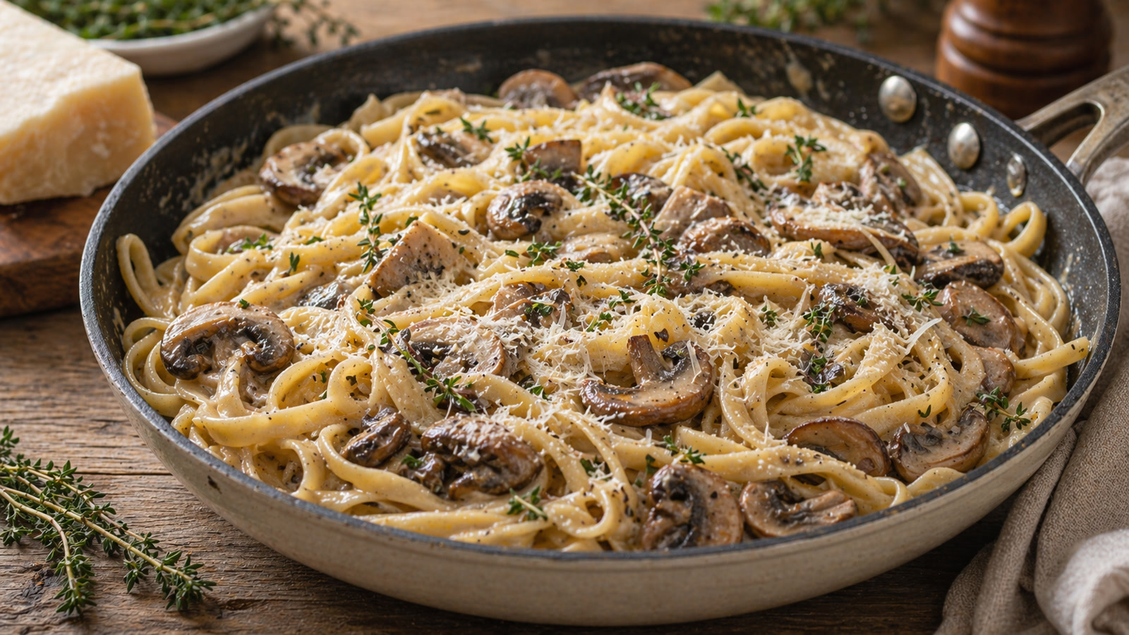 A skillet of creamy mushroom pasta with browned mushrooms, fresh thyme, and grated Parmesan on top.