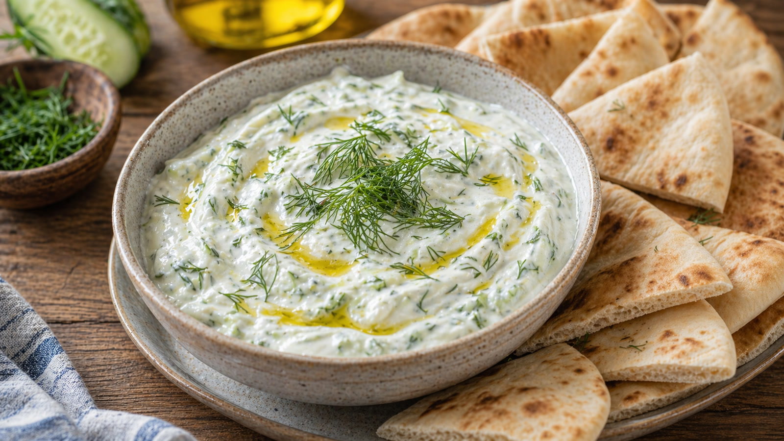 A bowl of creamy white tzatziki sauce drizzled with olive oil and topped with fresh dill, served with triangles of pita bread.