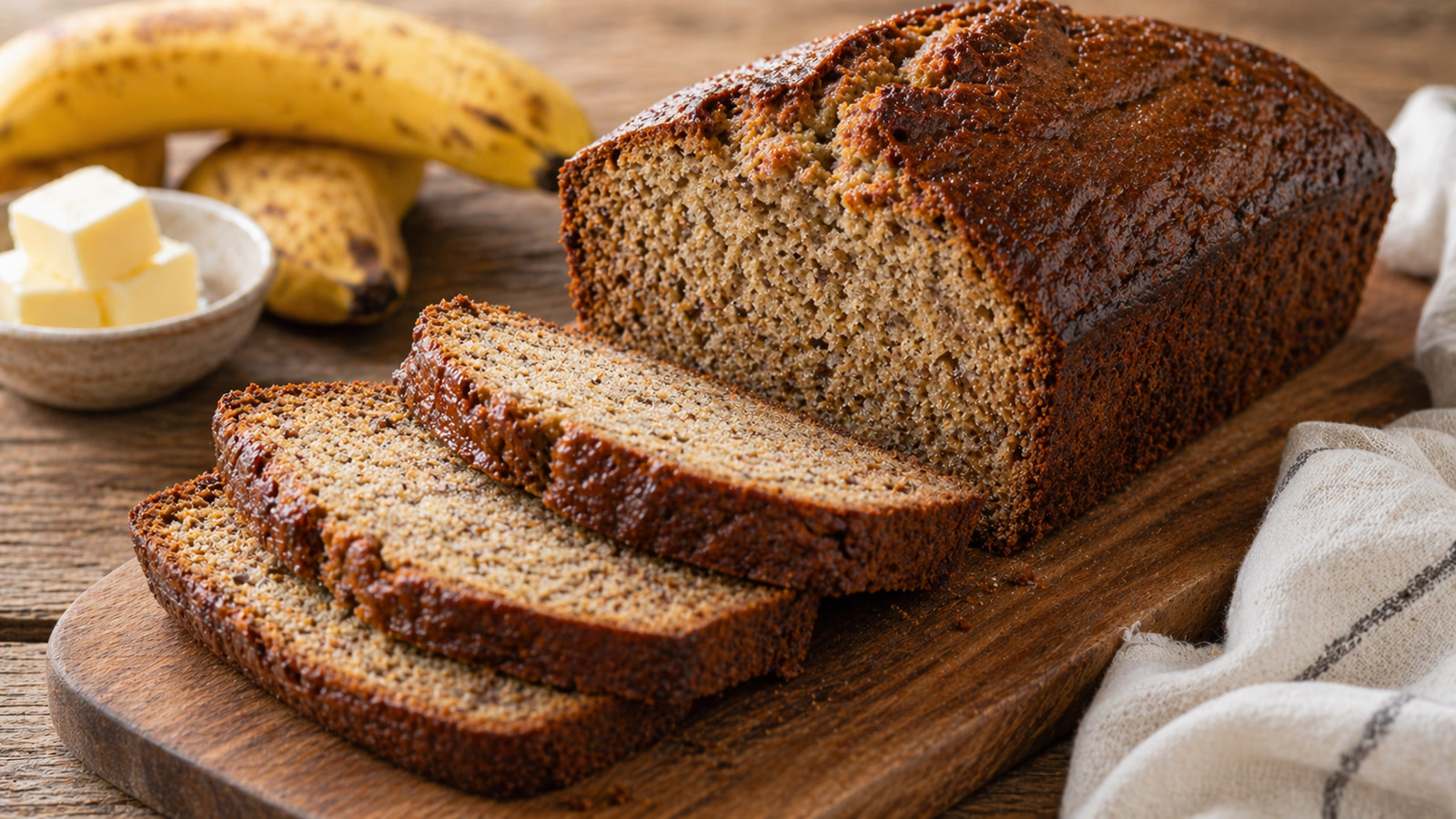 A sliced loaf of golden banana bread with a dark cracked top on a wooden board, showing a moist interior.