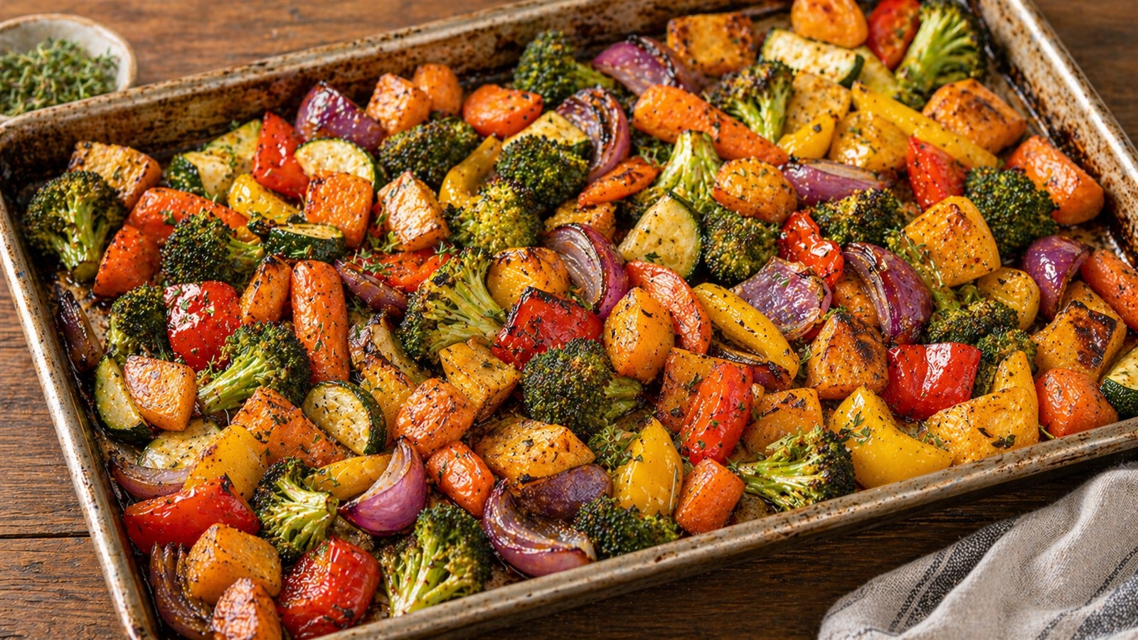 A sheet pan of roasted vegetables with browned edges, including carrots, broccoli, red onion, peppers, and squash.