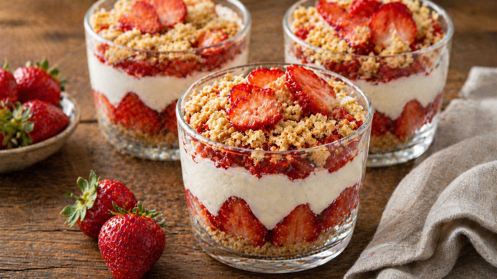 Clear dessert glasses layered with strawberries, cream, and crunchy crumbs on a wooden table.