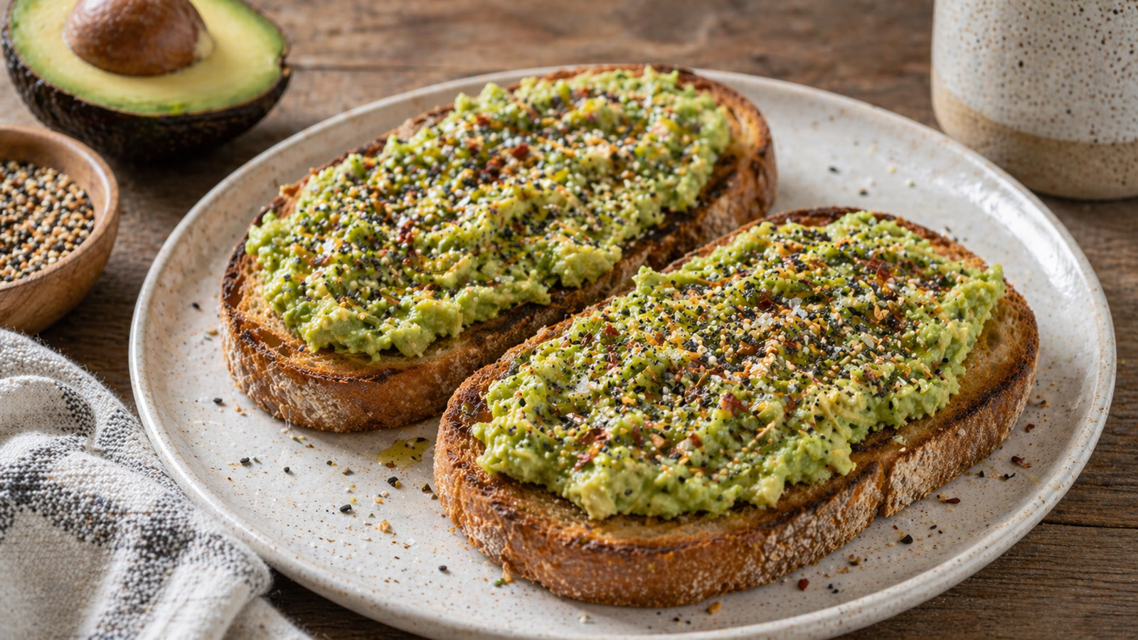 Two slices of toasted sourdough topped with mashed avocado, everything bagel seasoning, and red pepper flakes.
