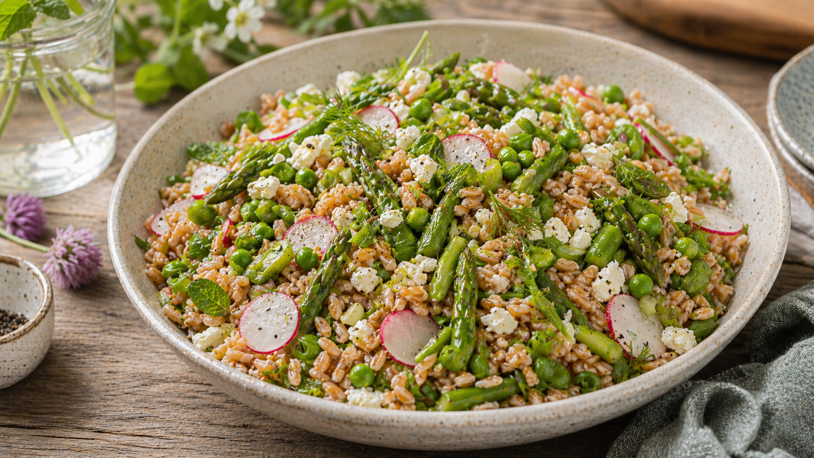 A bowl of farro salad with green asparagus, peas, pink radish slices, crumbled feta, and fresh herbs.