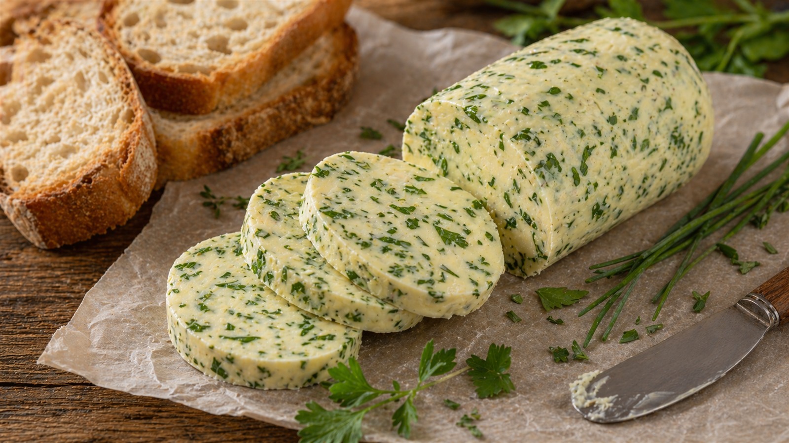 Slices of fresh herb butter flecked with parsley and chives, served on parchment beside crusty bread.