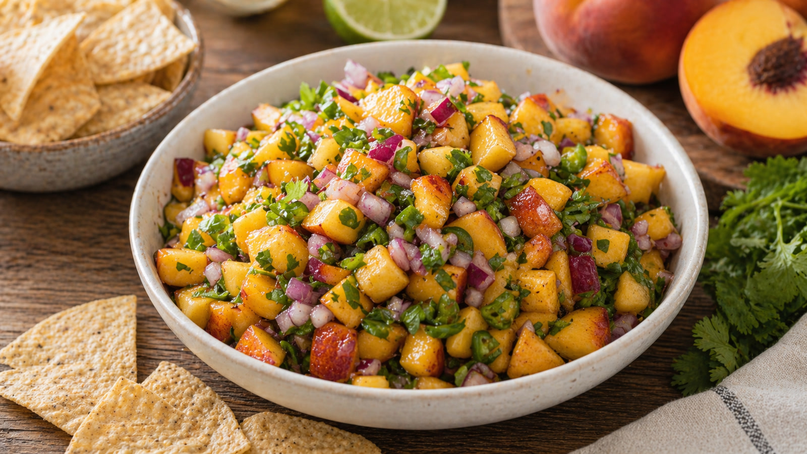 A white bowl of fresh peach salsa with diced golden peaches, red onion, green jalapeño, and chopped cilantro.